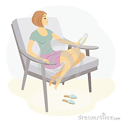 A beautiful lady is sitting in an armchair. The girl looks and speaks on the phone. The woman has a slim figure. Vector Cartoon Illustration