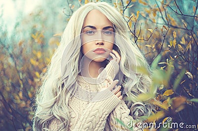 Beautiful lady surrounded autumn leaves Stock Photo