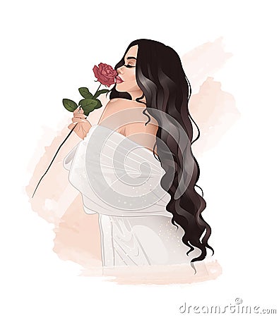 Beautiful lady wth wavy long hair holding rose flower Vector Illustration