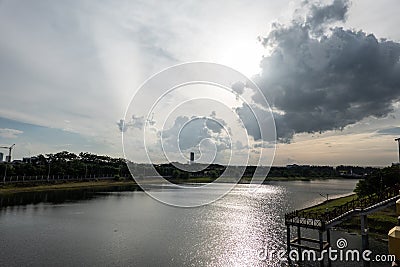 A beautiful lake with blue sky city reflect on water surface in Stock Photo