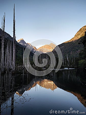 A beautiful Lake with a dead forest inside, surrounded by mountains Stock Photo