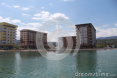 Beautiful lake, fountain, building, sky, East Sarajevo, Republika Srpska, Bosnia and Hercegovina Stock Photo