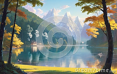 Beautiful Lake landscape design illustration. ai generated Cartoon Illustration