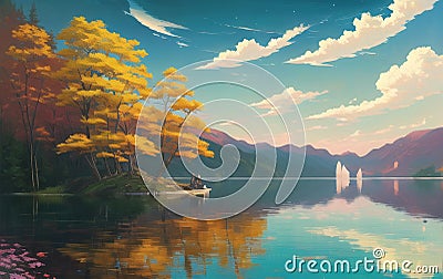 Beautiful Lake landscape design illustration. ai generated Cartoon Illustration