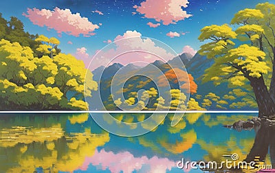 Beautiful Lake landscape design illustration. ai generated Cartoon Illustration