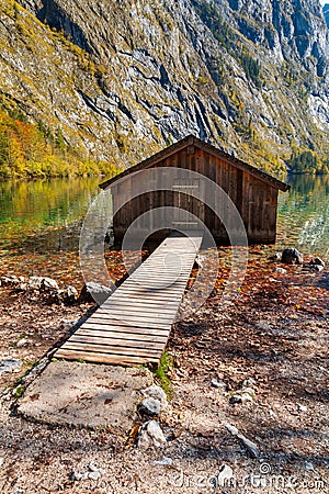 Beautiful Lake Obersee next to Lake Konigssee in autumn colors, close to the famous Watzmann Mountains, near the town of Stock Photo