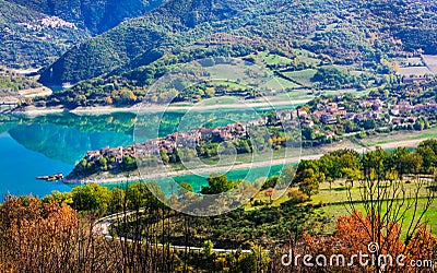 beautiful lake Turano and village Colle di tora. Rieti province, Italy Stock Photo