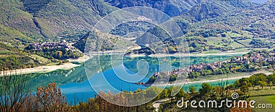beautiful lake Turano and village Colle di tora. Rieti province, Italy Stock Photo