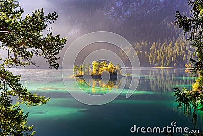 Beautiful lake view of eibsee with island in Grainau, bavarian alps, Germany Stock Photo