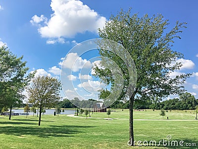 Beautiful lakeside park with community pavilion in Coppell, Texas, USA Stock Photo