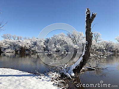 Lakeside scene in winter with a tree stump partially covered in snow Stock Photo