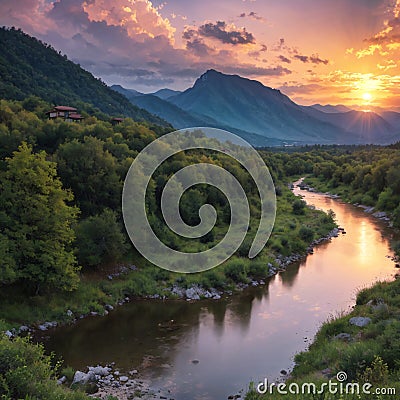 a beautiful landscape of amazing sunset on a rough mountain river with stones on... Stock Photo
