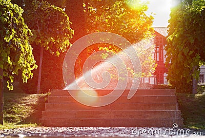 Beautiful landscape with automatic sprinkler spraying watering the lawn in the home garden with a with sunbeam in water drops clos Editorial Stock Photo