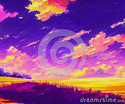 Beautiful Landscape Background Sky Clouds Sunset Oil Painting View Wallpaper Landscape Light Colours Purple Anime style Magic and Stock Photo