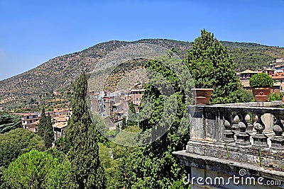 Beautiful landscape with balustrade terrace in old village, Tuscany, Italy Stock Photo