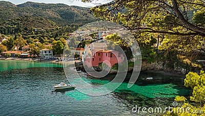 Beautiful landscape with bay and colorful buildings on the background in the town of Asos , Greece, Kefalonia. Editorial Stock Photo