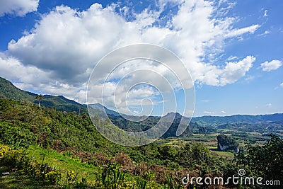 Beautiful landscape big cloud on the open sky and foresty mountain below., Phayao Province, winter of Thailand Stock Photo