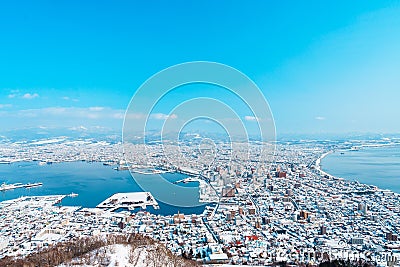 Beautiful landscape and cityscape from Hakodate Mountain with Snow in winter season. landmark and popular for attractions in Stock Photo