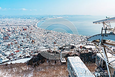 Beautiful landscape and cityscape from Hakodate Mountain with Snow in winter season. landmark and popular for attractions in Stock Photo