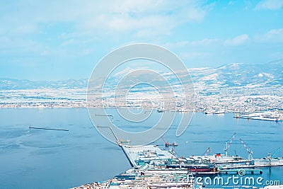 Beautiful landscape and cityscape from Hakodate Mountain with Snow in winter season. landmark and popular for attractions in Stock Photo