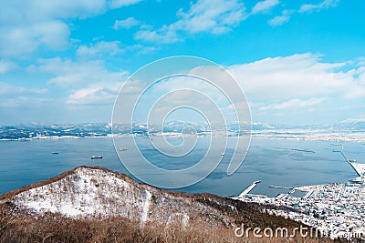 Beautiful landscape and cityscape from Hakodate Mountain with Snow in winter season. landmark and popular for attractions in Stock Photo