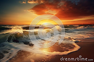 Beautiful landscape with Colorful Ocean Wave sea sunset on beach light and clouds on background summer mood, generative AI Stock Photo