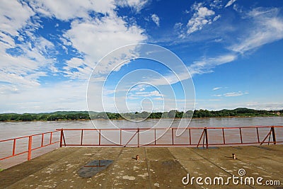 Beautiful landscape for Concrete terrace with steel red fence Stock Photo