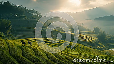 beautiful landscape of cows feeding grass on grass mountain Stock Photo