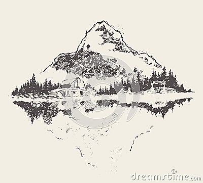 Beautiful cozy house lake mountain vector sketch Vector Illustration