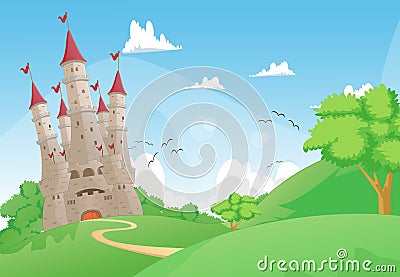 Beautiful landscape with Fairy tale castle Vector Illustration