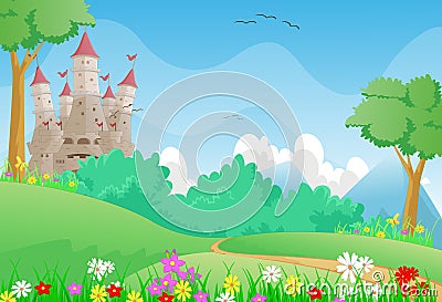 Beautiful landscape with Fairy tale castle Vector Illustration