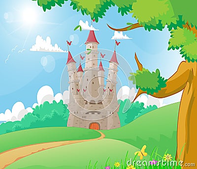 Beautiful landscape with Fairy tale castle Vector Illustration