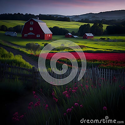 Beautiful landscape of a farm with a red cabin Generated AI Stock Photo