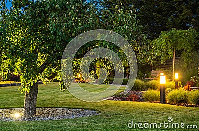 Beautiful Landscape Garden with Outdoor Lights Stock Photo