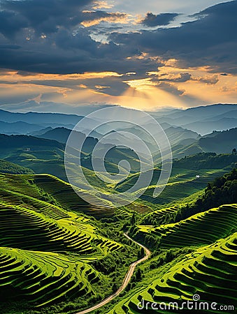 Beautiful landscape green mountain the sky clouds sunlight endless grassy slopes Generative AI Stock Photo