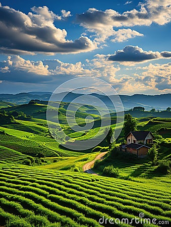 Beautiful landscape green mountain the sky clouds sunlight endless grassy slopes Generative AI Stock Photo