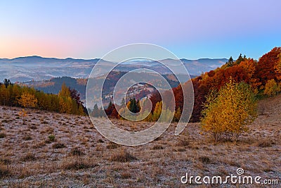 A beautiful landscape with high mountains. Unbelievable sunrise. Location place Carpathians Ukraine Europe. Autumn scenery. Stock Photo