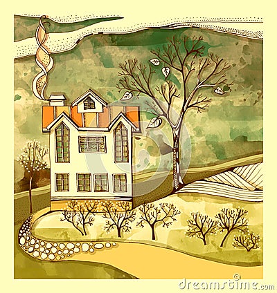 Beautiful landscape with house and trees. Drawing in warm tones Stock Photo