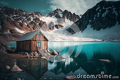Beautiful landscape of a hut on the side of a blue lake , Generated by AI Cartoon Illustration