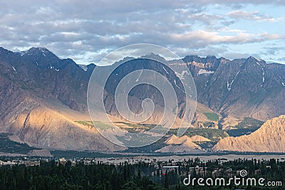 Beautiful landscape of Karakoram mountains range in Skardu village in summer season in a morning, Gilgit Baltistan, Pakistan Stock Photo