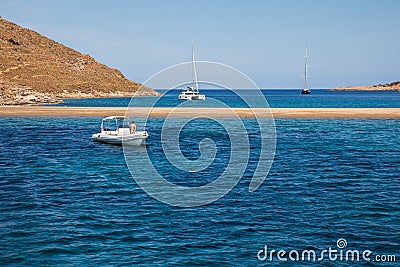 Beautiful landscape of Kolona beach Kythnos island Cyclades Greece in June, 2021 - view from the yacht. Stock Photo