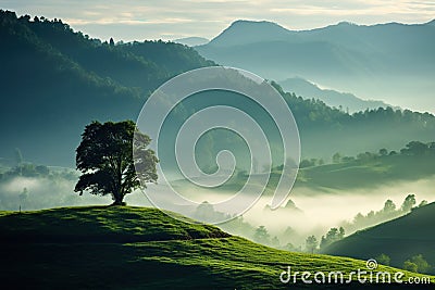 Beautiful landscape with a lonely tree in the morning misty hillside. Generative AI Stock Photo