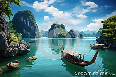 Beautiful landscape with longtail boats in Halong bay, Vietnam, Beautiful landscape Halong Bay view from adove the Bo Hon Island, Stock Photo