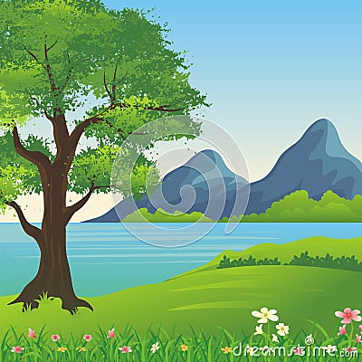 Beautiful landscape, Lovely and cute scenery cartoon design. Stock Photo