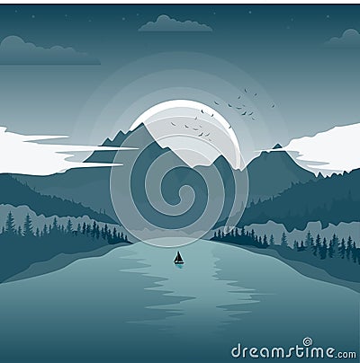 Beautiful landscape with mountain lake and fishing boat at dawn Vector Illustration