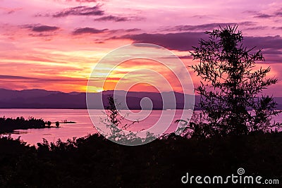 Landscape mountain range and purple sky at the sunset Stock Photo