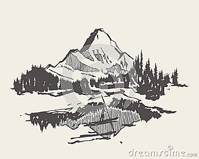 Mountain spruce forest lake man boat vector sketch Vector Illustration