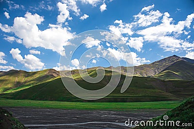 Beautiful landscape in the mountains at summer in daytime. Mountains at the sunset time. Azerbaijan, Caucasus. Khinalig Stock Photo