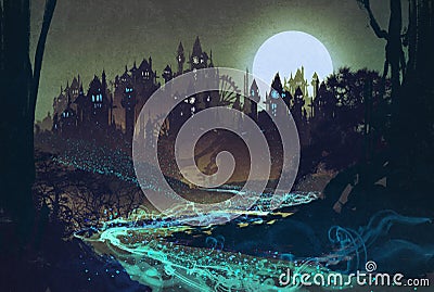 Beautiful landscape with mysterious river,full moon over castles Cartoon Illustration