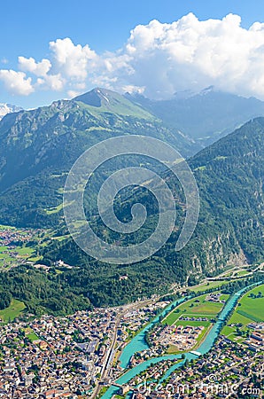 Beautiful landscape near Interlaken taken with Aare river and Swiss Alps in background. Photographed from Harder Kulm, Switzerland Stock Photo